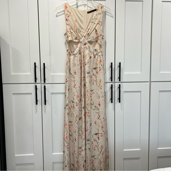 Zara Cherry Blossom Floral Bird Print Open Side Cut Out Maxi Dress Small - Picture 3 of 10